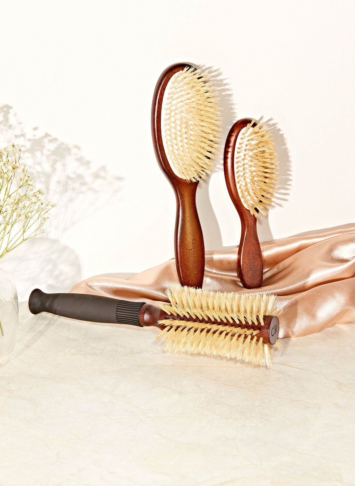 Pre-curved blowdry hairbrush 10 rows 100% natural boar-bristle & wood